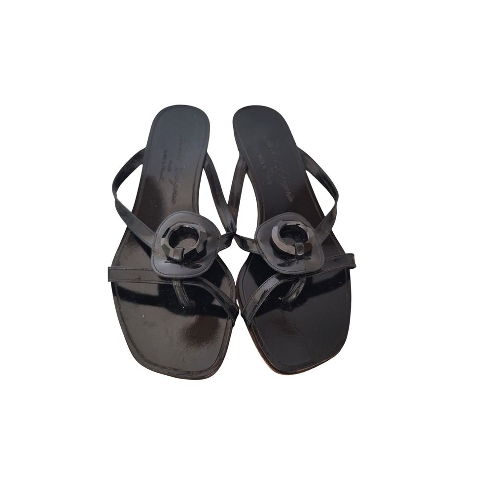 Robert Clergerie Paris Black Patent Leather Thong Sandals Square Toe France